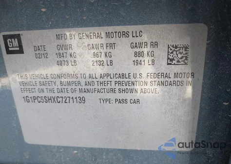2012 Chevrolet Cruze Ls from USA, damaged, VIN 1G1PC5SHXC7271139